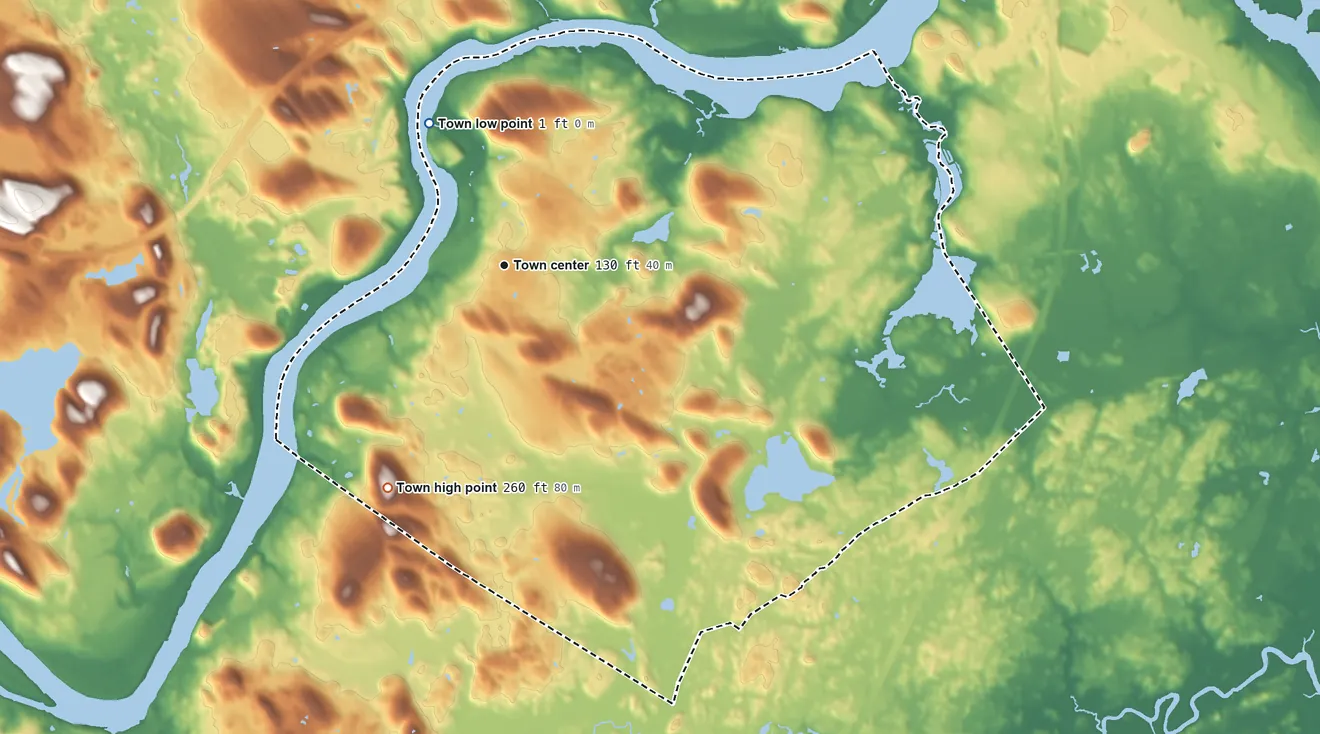Topographic elevation map of West Newbury, Massachusetts, shaded from 1 ft on the northwest side to 260 ft on the southwest side