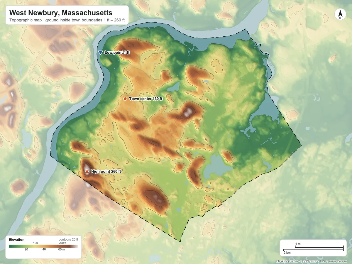 Topographic elevation map of West Newbury, Massachusetts, shaded from 1 ft on the northwest side to 260 ft on the southwest side