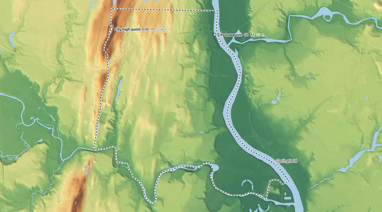 Topographic elevation map of West Springfield Town, Massachusetts, shaded from 40 ft on the north side to 690 ft on the northwest side
