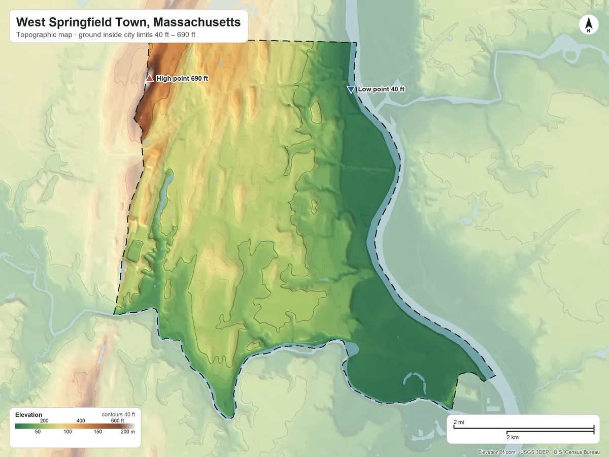 Topographic elevation map of West Springfield Town, Massachusetts, shaded from 40 ft on the north side to 690 ft on the northwest side