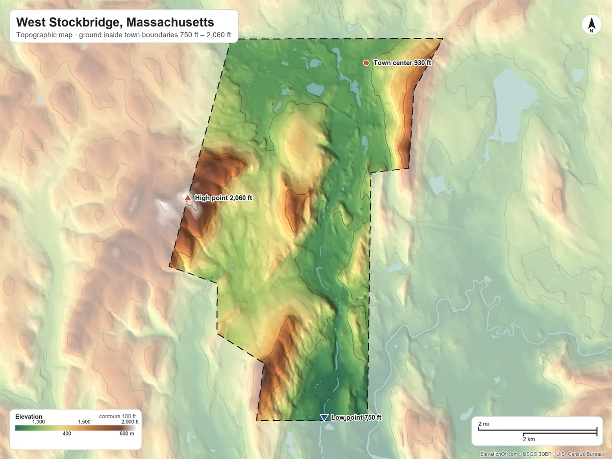 Topographic elevation map of West Stockbridge, Massachusetts, shaded from 750 ft on the south side to 2,060 ft on Harvey Mountain