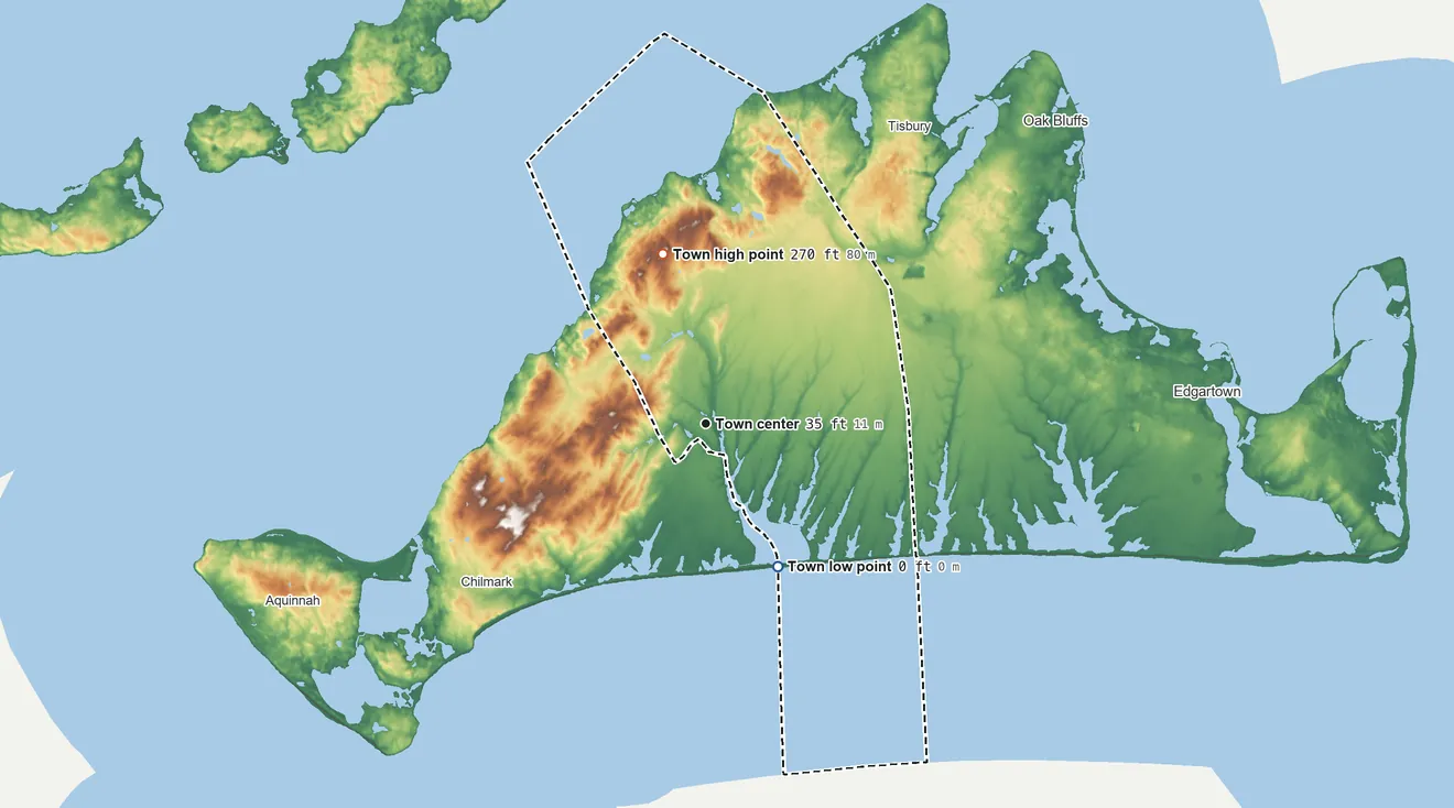 Topographic elevation map of West Tisbury, Massachusetts, shaded from sea level level on the Atlantic Ocean to 270 ft on the north side