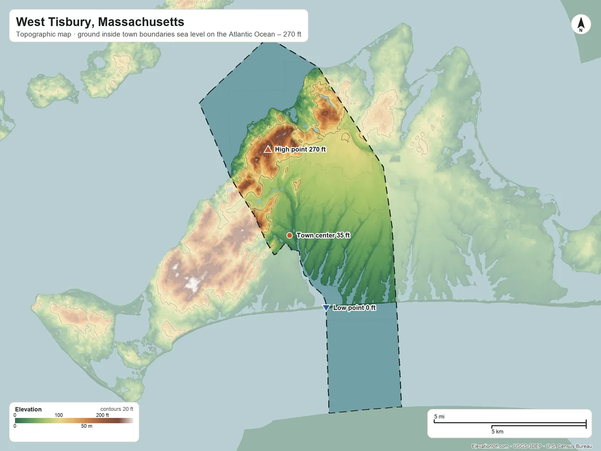 Topographic elevation map of West Tisbury, Massachusetts, shaded from sea level level on the Atlantic Ocean to 270 ft on the north side