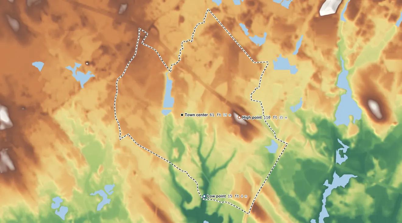 Topographic elevation map of West Wareham, Massachusetts, shaded from 15 ft on the south side to 110 ft on the east side