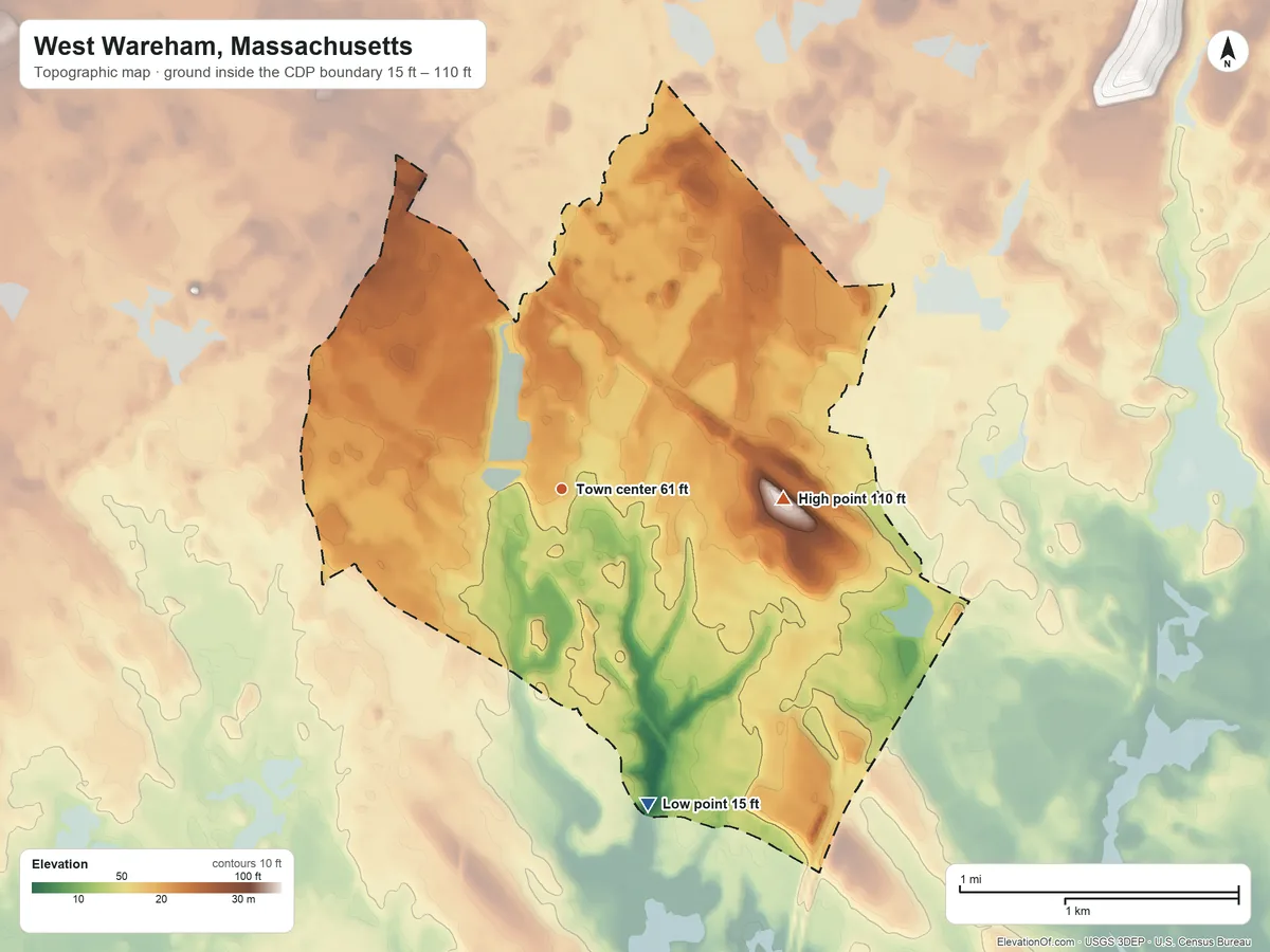 Topographic elevation map of West Wareham, Massachusetts, shaded from 15 ft on the south side to 110 ft on the east side