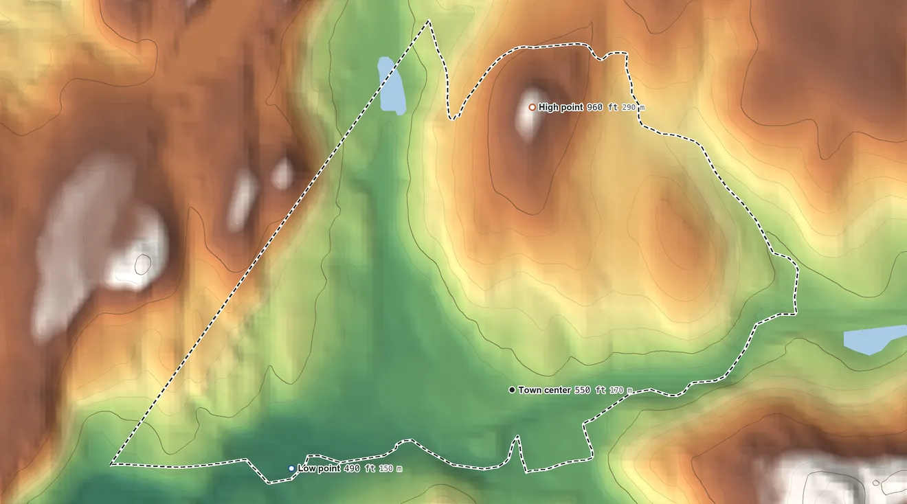Topographic elevation map of West Warren, Massachusetts, shaded from 490 ft on the west side to 960 ft on the north side