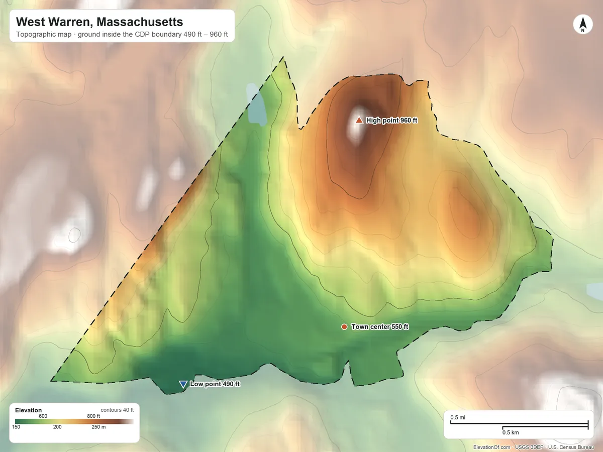 Topographic elevation map of West Warren, Massachusetts, shaded from 490 ft on the west side to 960 ft on the north side
