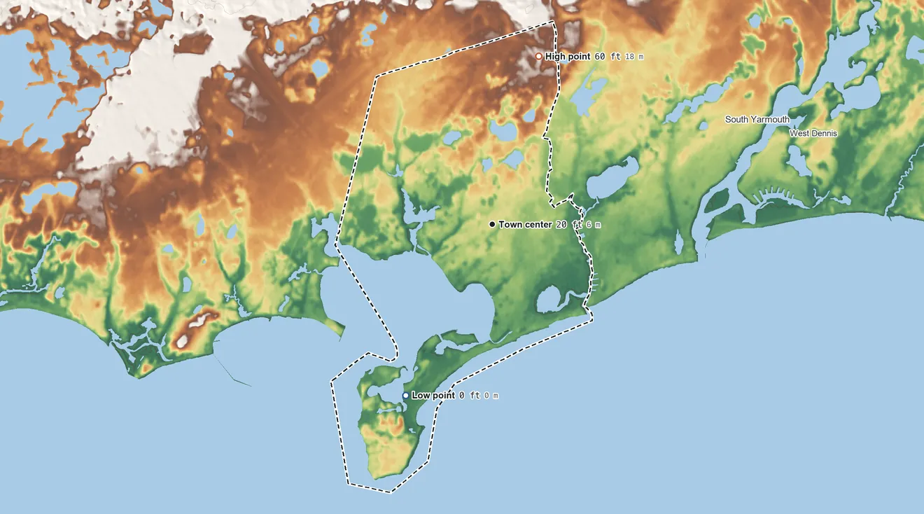 Topographic elevation map of West Yarmouth, Massachusetts, shaded from sea level level on Lewis Bay to 60 ft on the north side