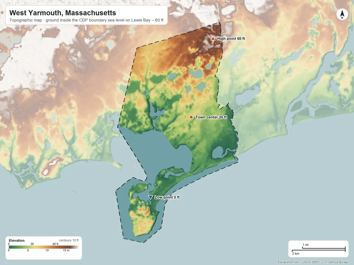 Topographic elevation map of West Yarmouth, Massachusetts, shaded from sea level level on Lewis Bay to 60 ft on the north side