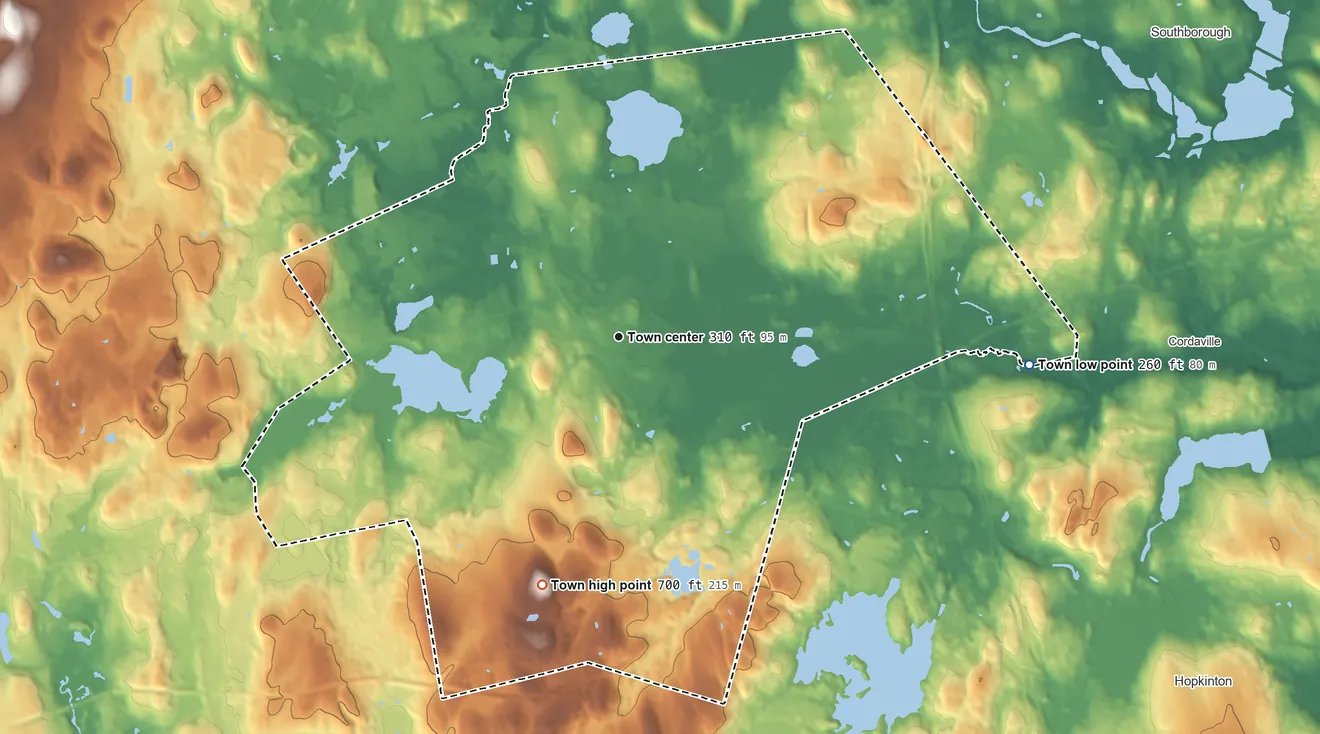 Topographic elevation map of Westborough, Massachusetts, shaded from 260 ft on the east side to 700 ft on Fay Mountain