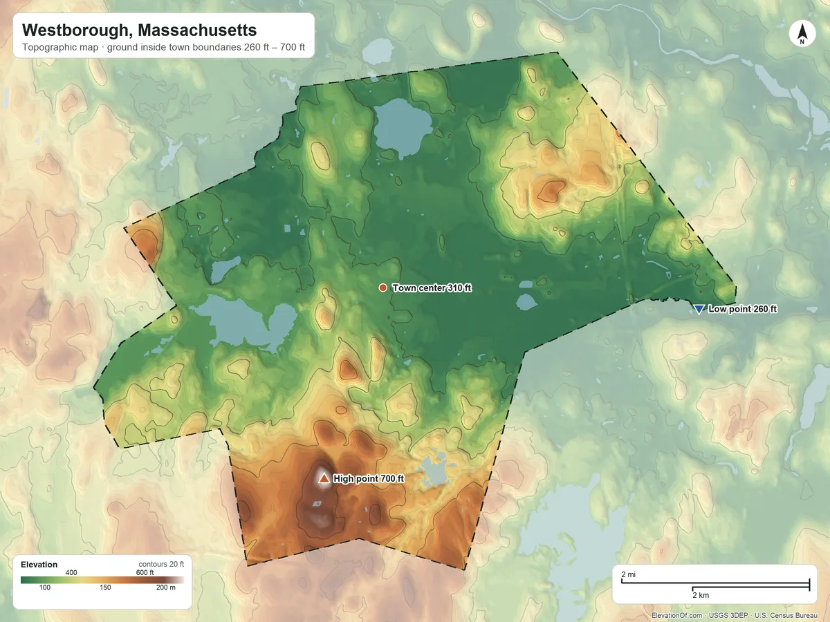 Topographic elevation map of Westborough, Massachusetts, shaded from 260 ft on the east side to 700 ft on Fay Mountain