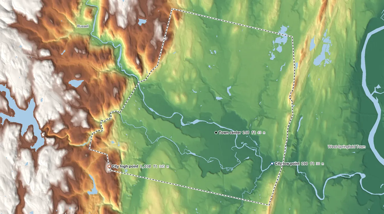 Topographic elevation map of Westfield, Massachusetts, shaded from 100 ft on the southeast side to 1,130 ft on Drake Mountain