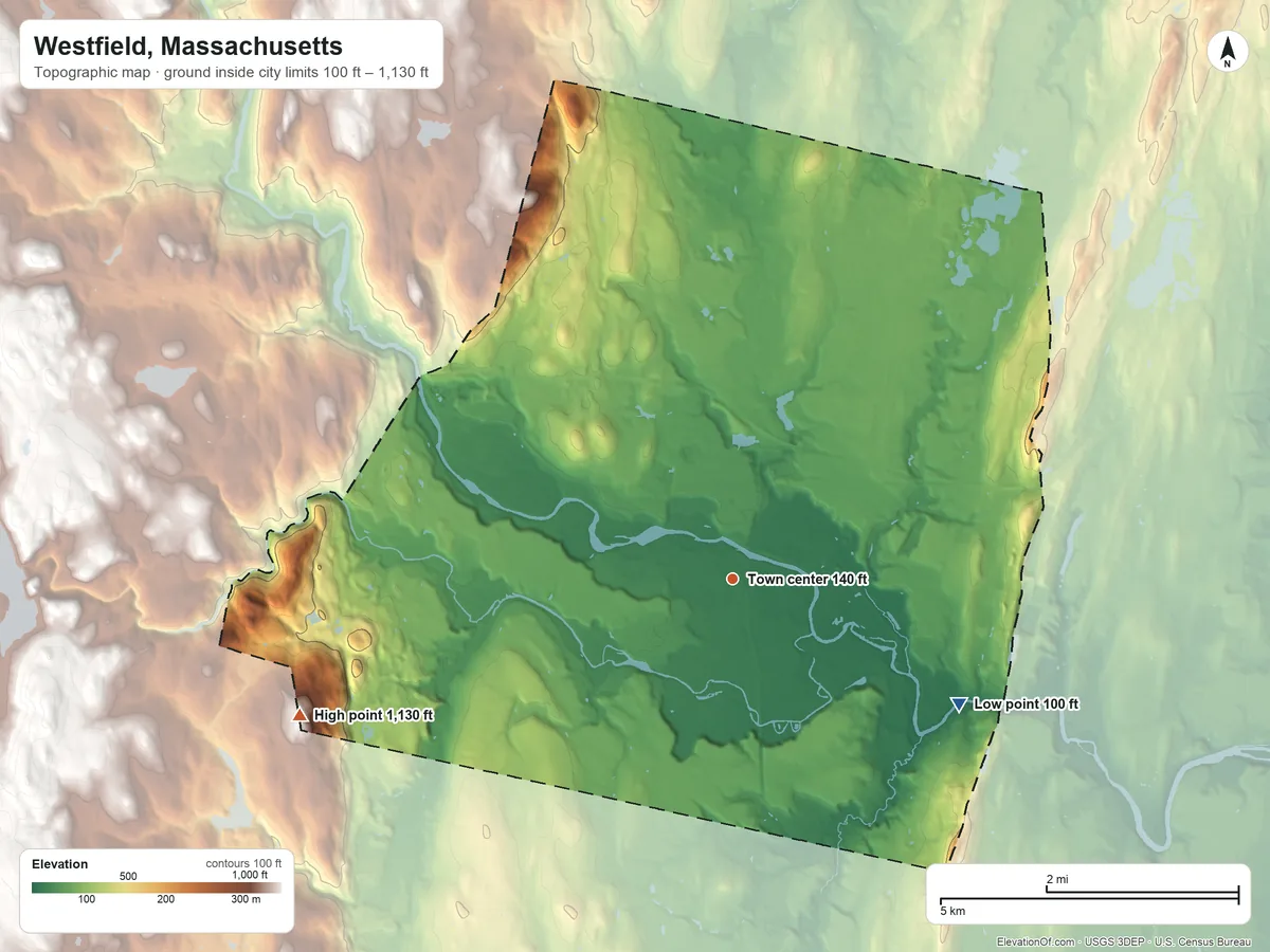 Topographic elevation map of Westfield, Massachusetts, shaded from 100 ft on the southeast side to 1,130 ft on Drake Mountain
