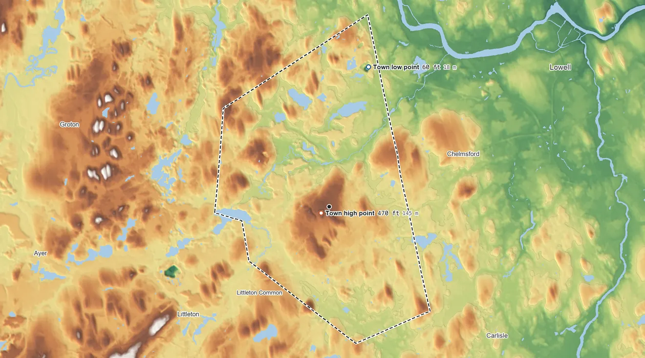 Topographic elevation map of Westford, Massachusetts, shaded from 60 ft on the north side to 469 ft on Prospect Hill