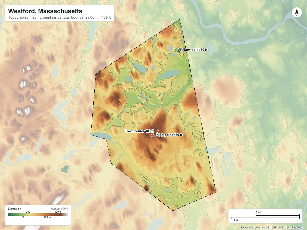 Topographic elevation map of Westford, Massachusetts, shaded from 60 ft on the north side to 469 ft on Prospect Hill