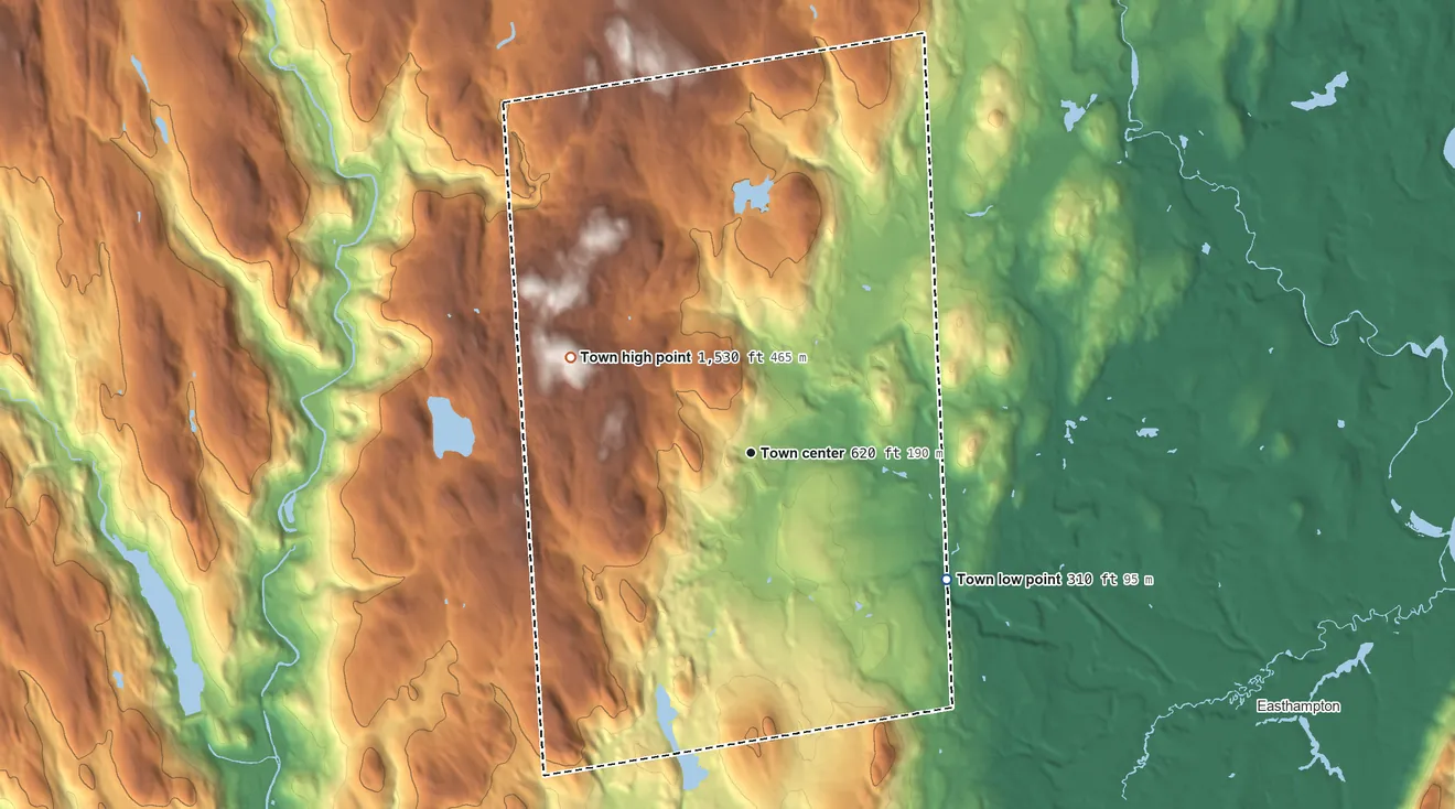 Topographic elevation map of Westhampton, Massachusetts, shaded from 310 ft on the southeast side to 1,530 ft on Mount Pisgah