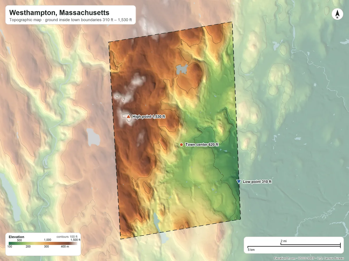 Topographic elevation map of Westhampton, Massachusetts, shaded from 310 ft on the southeast side to 1,530 ft on Mount Pisgah