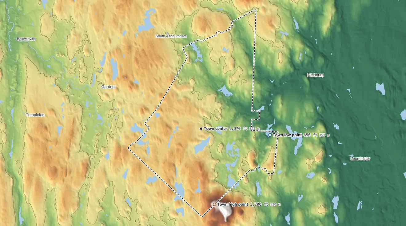 Topographic elevation map of Westminster, Massachusetts, shaded from 650 ft on the east side to 1,700 ft on the south side