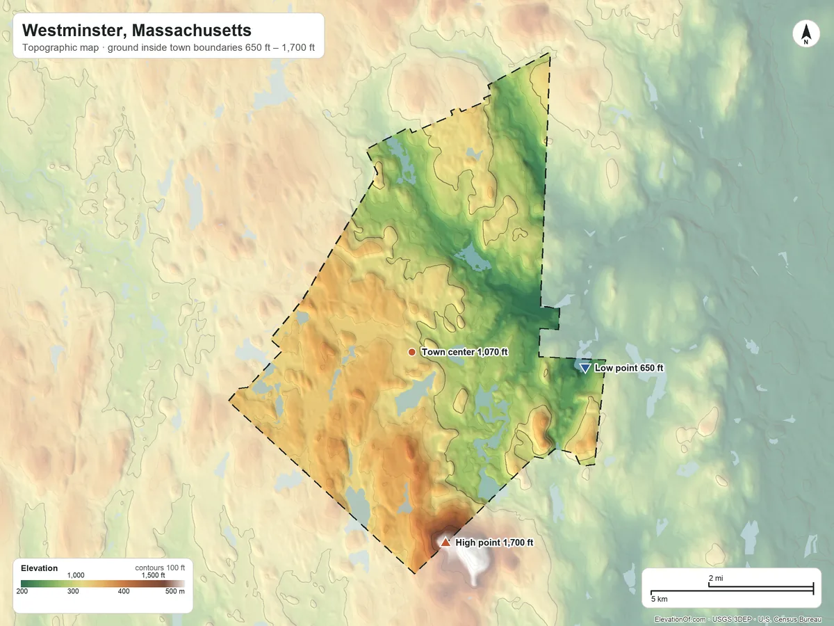 Topographic elevation map of Westminster, Massachusetts, shaded from 650 ft on the east side to 1,700 ft on the south side