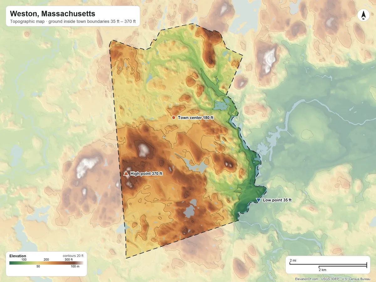 Topographic elevation map of Weston, Massachusetts, shaded from 35 ft on the southeast side to 370 ft on the southwest side