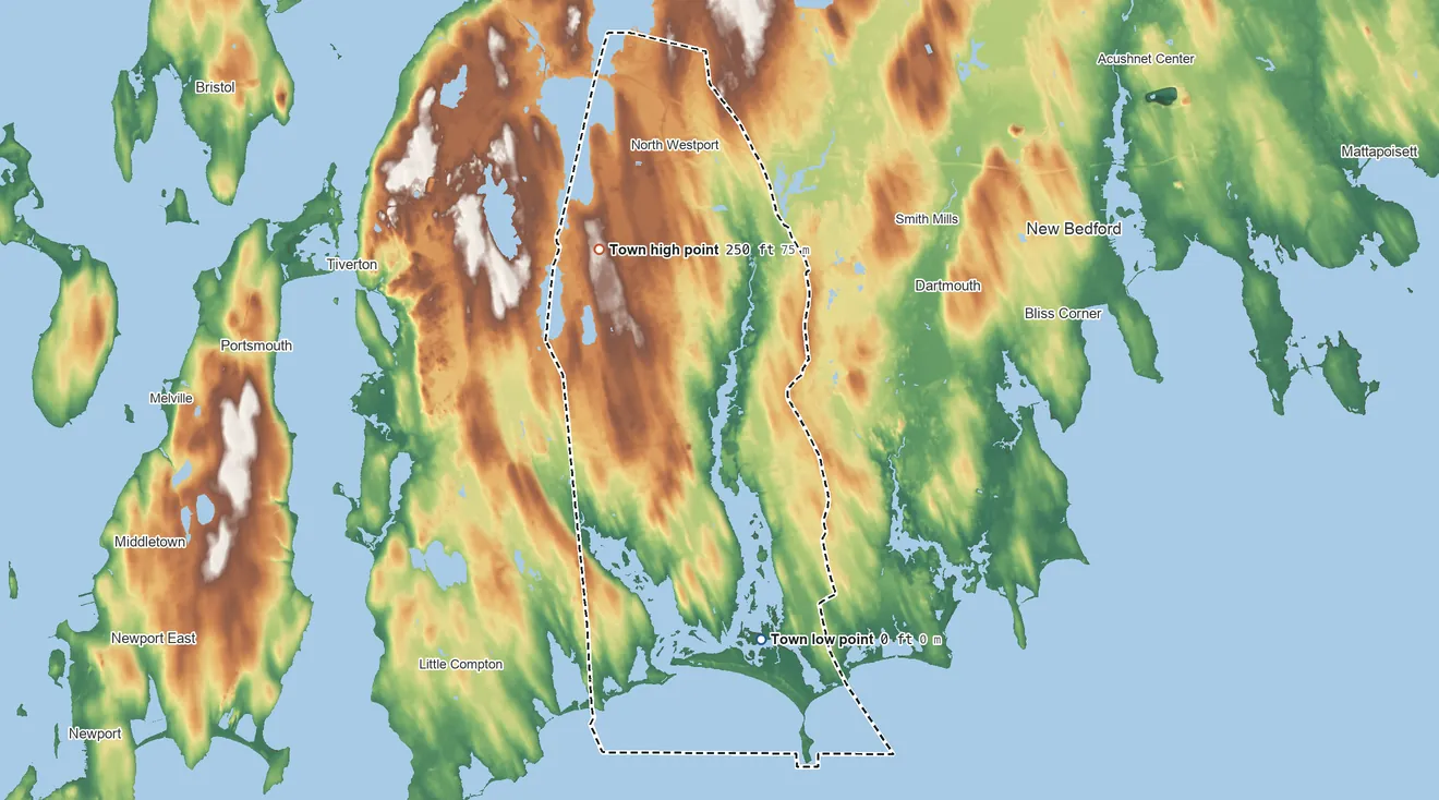Topographic elevation map of Westport, Massachusetts, shaded from sea level level on the Atlantic Ocean to 250 ft near the middle