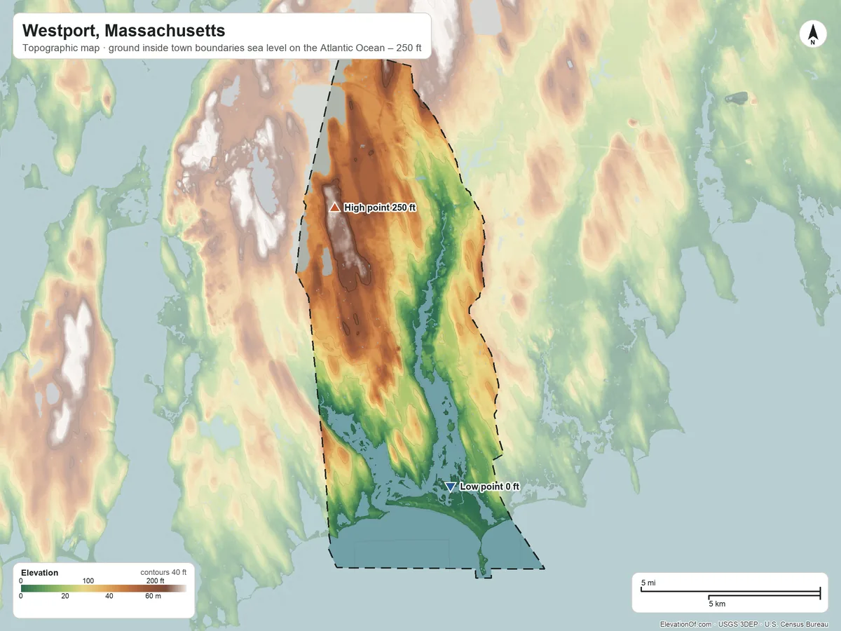 Topographic elevation map of Westport, Massachusetts, shaded from sea level level on the Atlantic Ocean to 250 ft near the middle