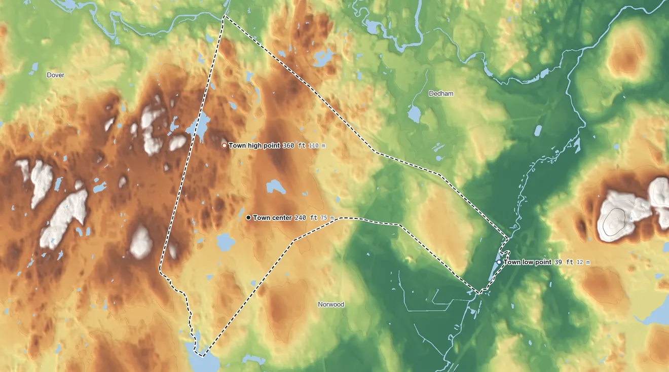 Topographic elevation map of Westwood, Massachusetts, shaded from 39 ft on the east side to 360 ft on High Rock