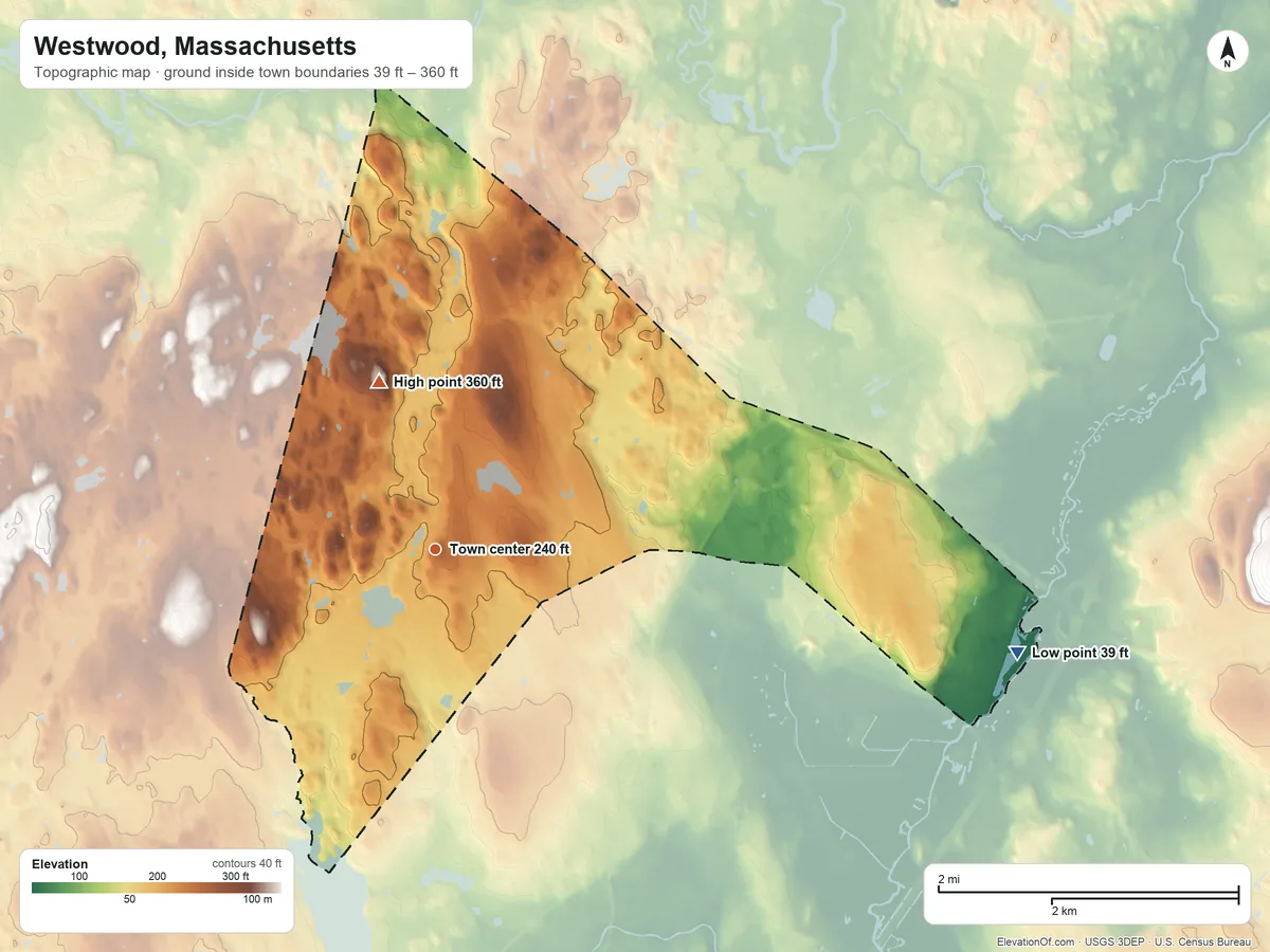 Topographic elevation map of Westwood, Massachusetts, shaded from 39 ft on the east side to 360 ft on High Rock