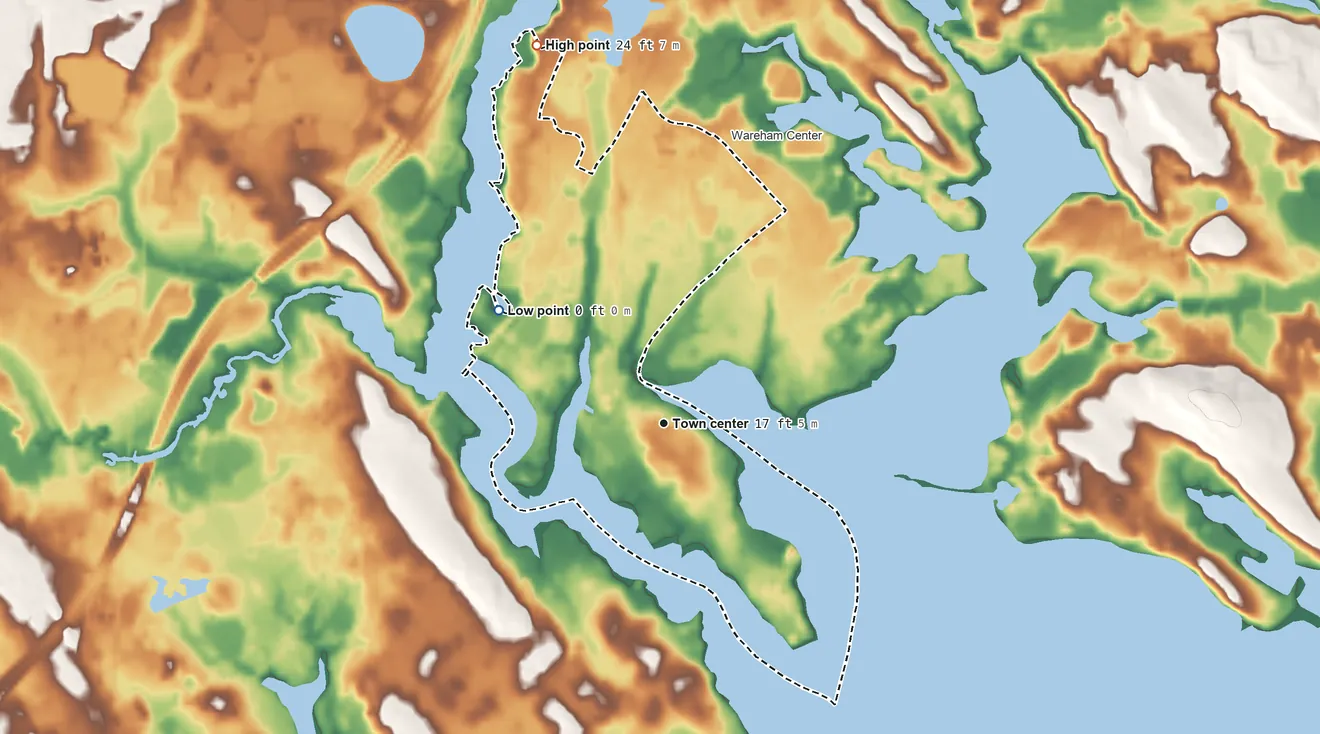 Topographic elevation map of Weweantic, Massachusetts, shaded from sea level level on Buzzards Bay to 24 ft on the north side
