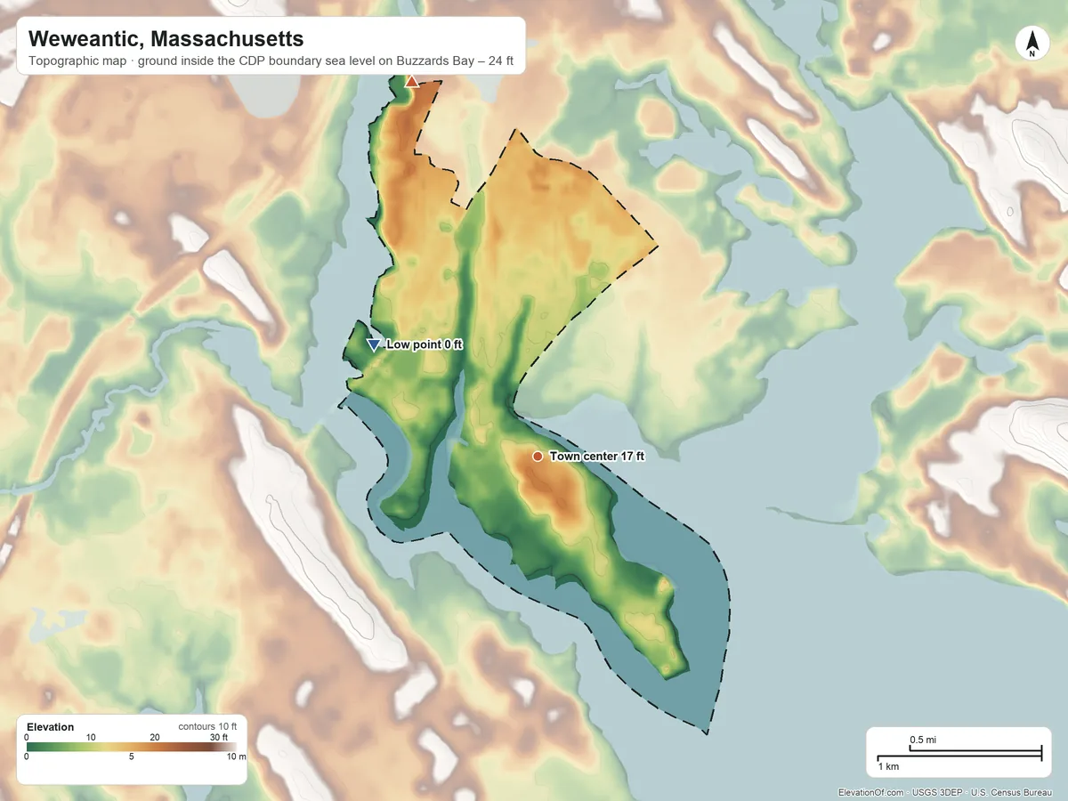 Topographic elevation map of Weweantic, Massachusetts, shaded from sea level level on Buzzards Bay to 24 ft on the north side