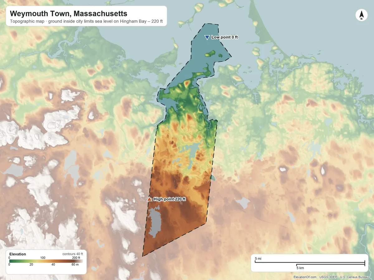 Topographic elevation map of Weymouth Town, Massachusetts, shaded from sea level level on Hingham Bay to 220 ft on the southwest side