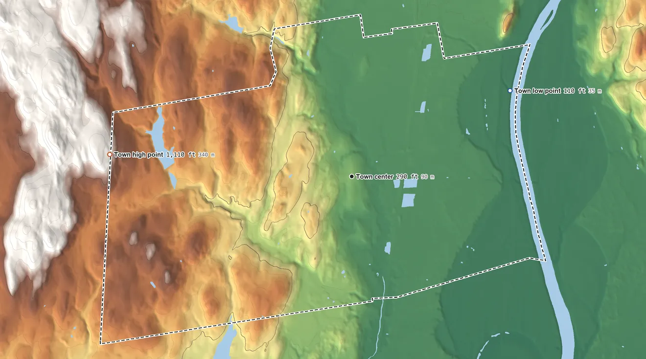 Topographic elevation map of Whately, Massachusetts, shaded from 110 ft on the northeast side to 1,110 ft at the foot of the Bryant Hill