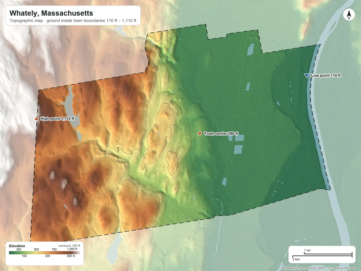 Topographic elevation map of Whately, Massachusetts, shaded from 110 ft on the northeast side to 1,110 ft at the foot of the Bryant Hill