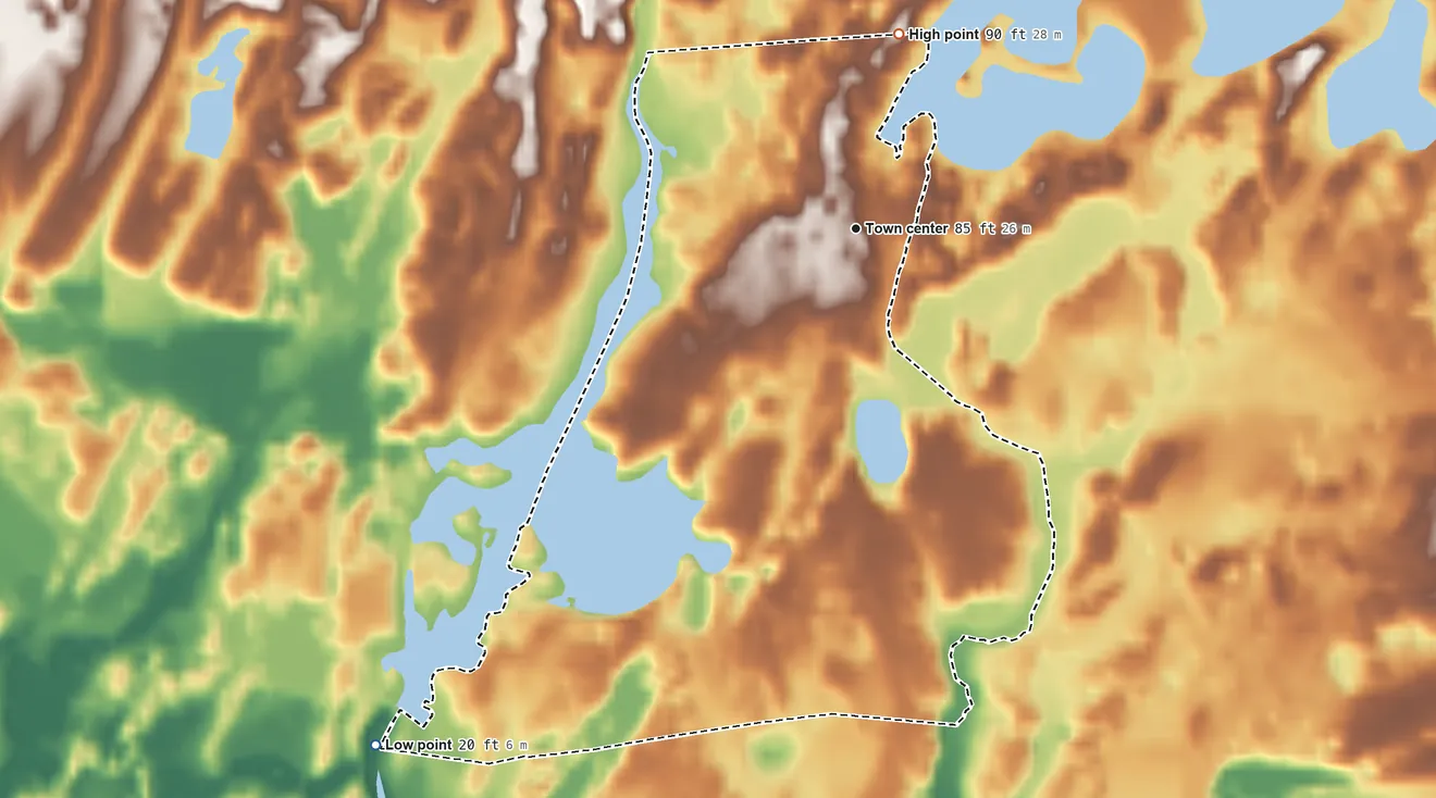 Topographic elevation map of White Island Shores, Massachusetts, shaded from 20 ft on the southwest side to 90 ft on the north side