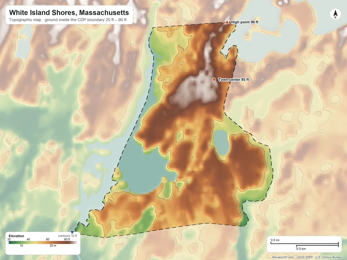Topographic elevation map of White Island Shores, Massachusetts, shaded from 20 ft on the southwest side to 90 ft on the north side