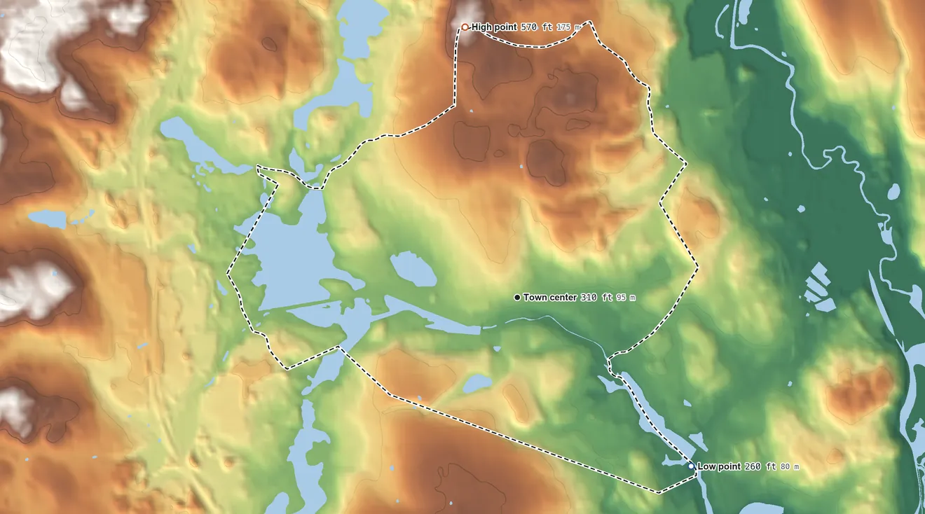 Topographic elevation map of Whitinsville, Massachusetts, shaded from 260 ft on the southeast side to 570 ft on the north side