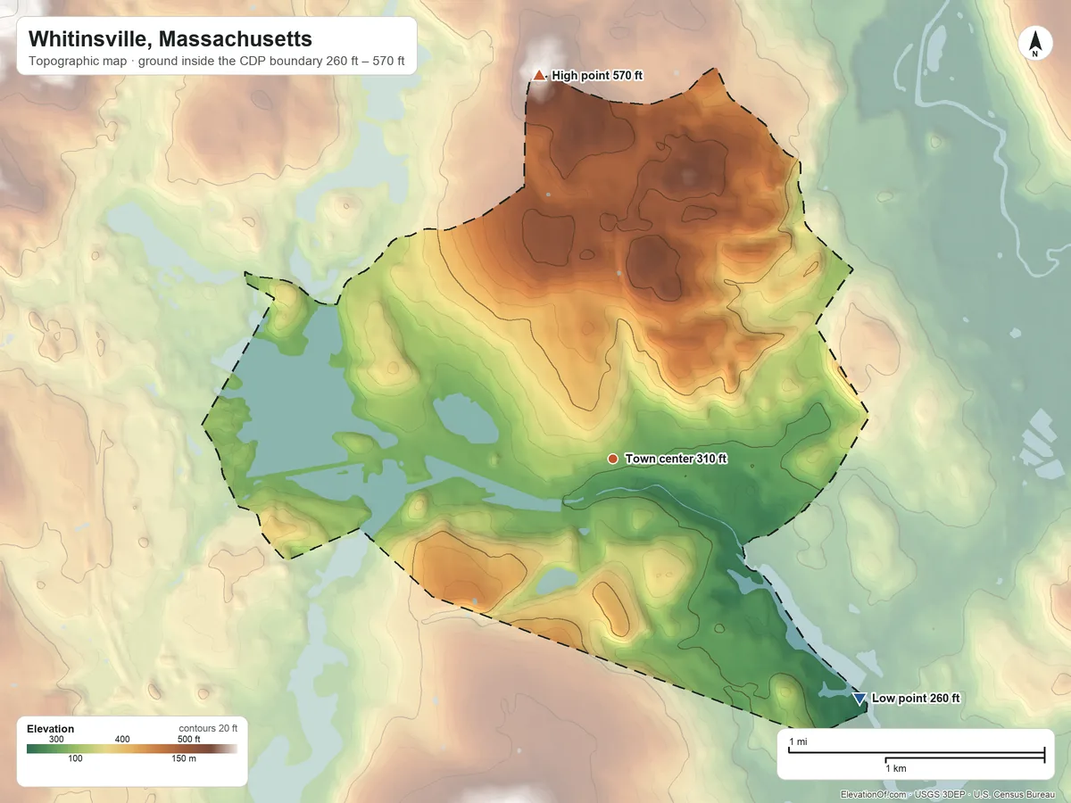 Topographic elevation map of Whitinsville, Massachusetts, shaded from 260 ft on the southeast side to 570 ft on the north side