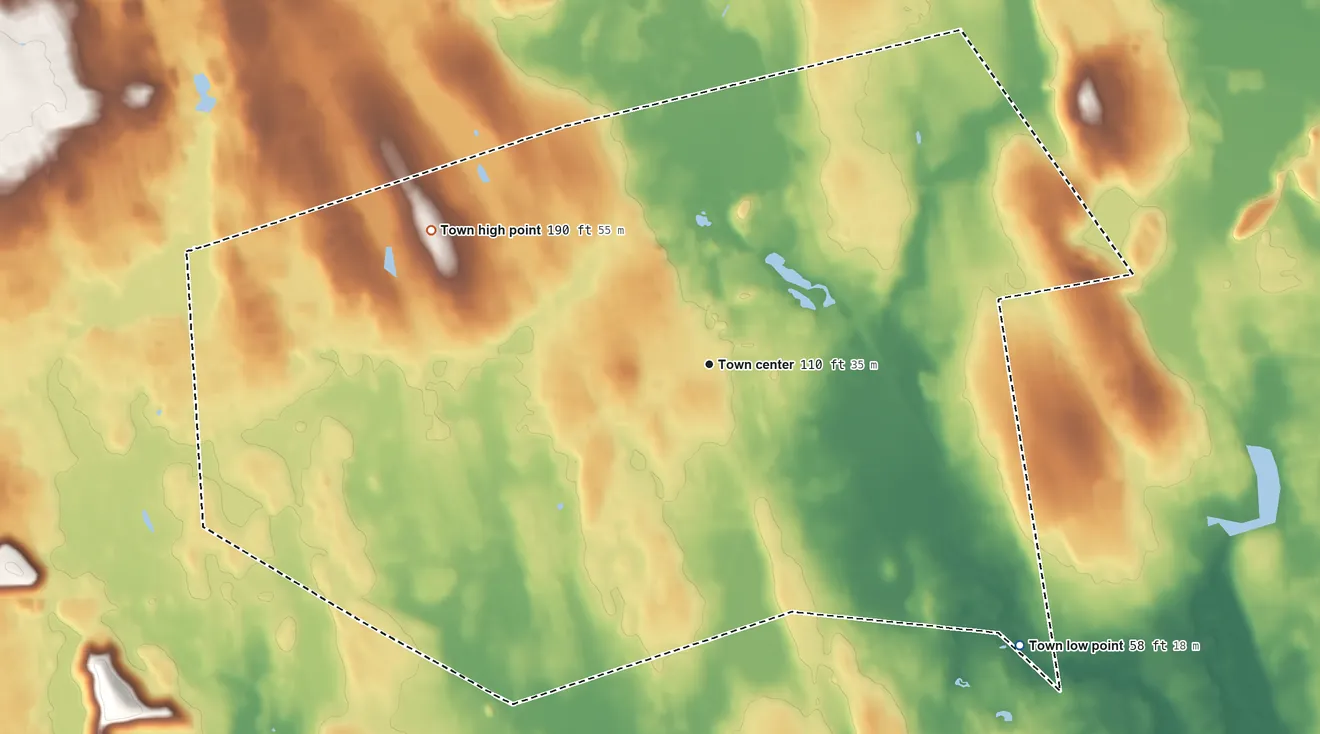 Topographic elevation map of Whitman, Massachusetts, shaded from 58 ft on the southeast side to 190 ft on Locust Hill