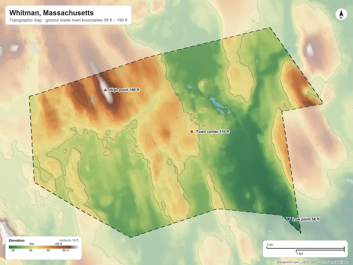 Topographic elevation map of Whitman, Massachusetts, shaded from 58 ft on the southeast side to 190 ft on Locust Hill