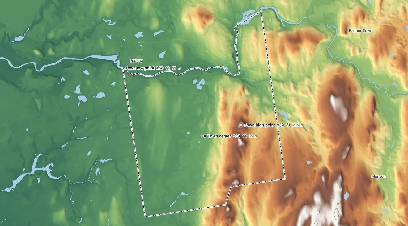 Topographic elevation map of Wilbraham, Massachusetts, shaded from 180 ft on the northwest side to 930 ft on Mount Marcy