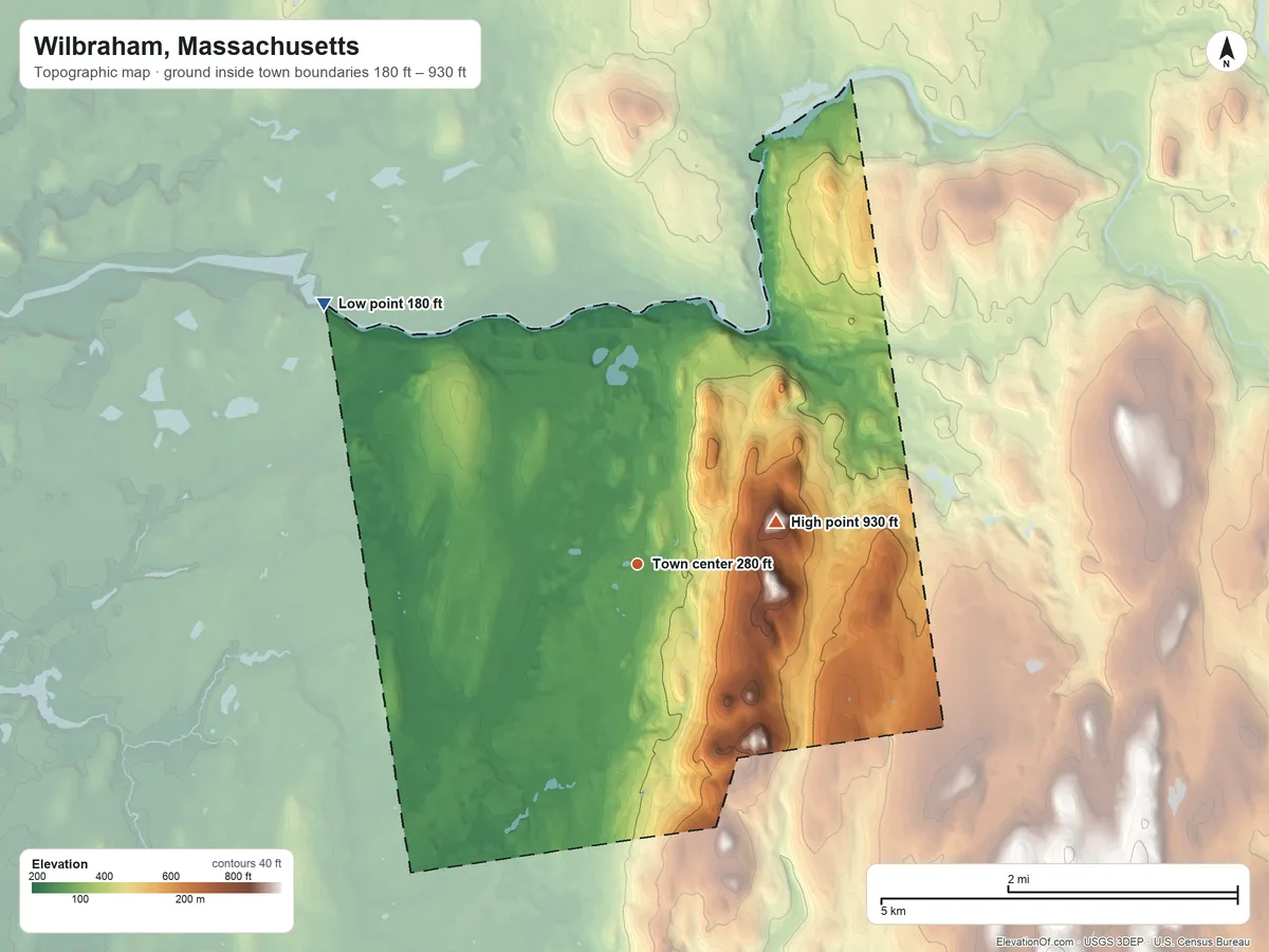 Topographic elevation map of Wilbraham, Massachusetts, shaded from 180 ft on the northwest side to 930 ft on Mount Marcy