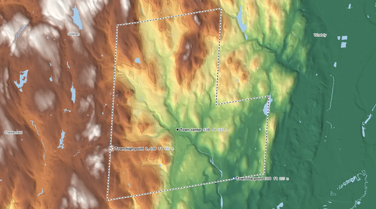 Topographic elevation map of Williamsburg, Massachusetts, shaded from 380 ft on the southeast side to 1,490 ft on Battlecock Hill