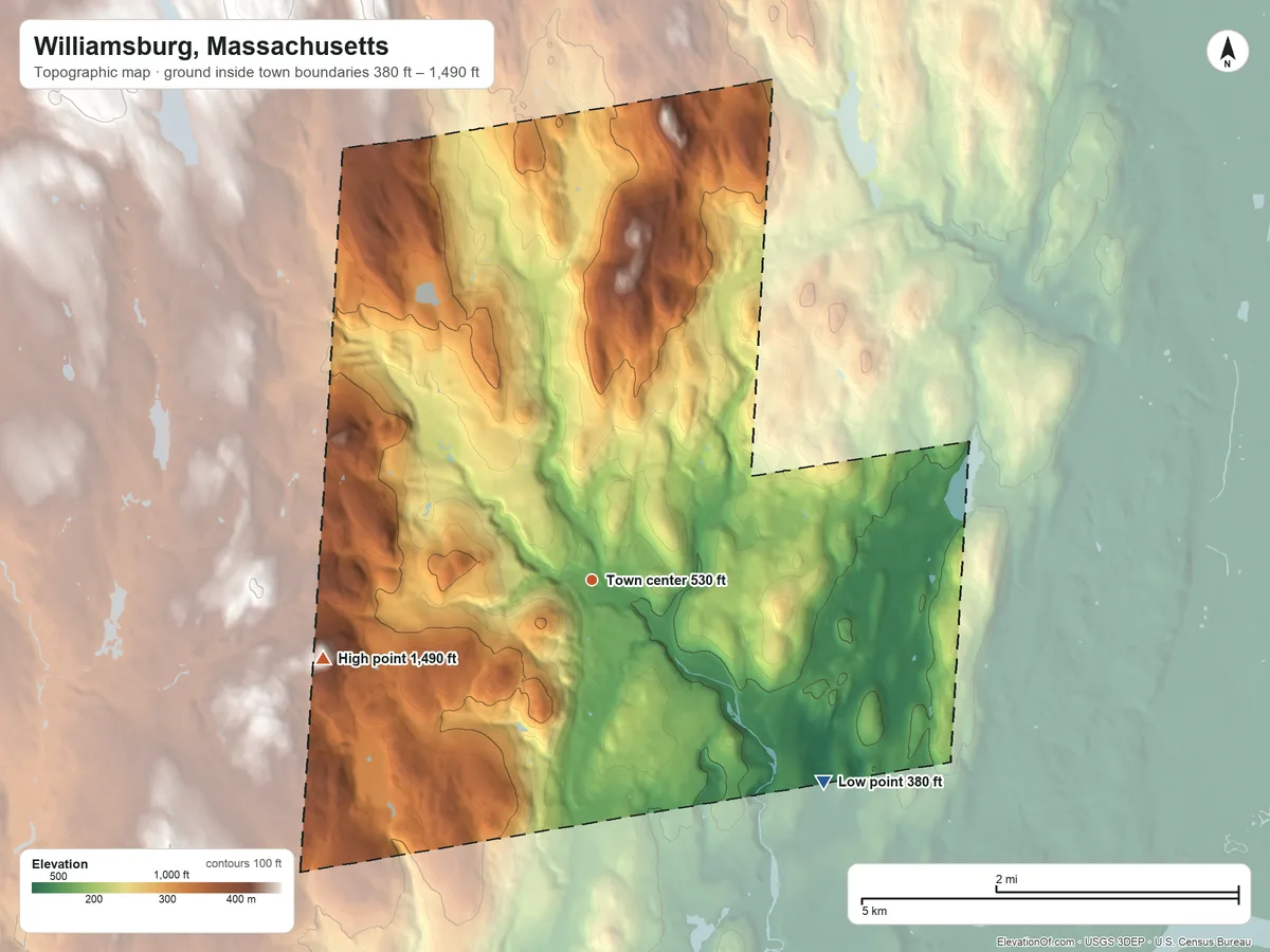 Topographic elevation map of Williamsburg, Massachusetts, shaded from 380 ft on the southeast side to 1,490 ft on Battlecock Hill
