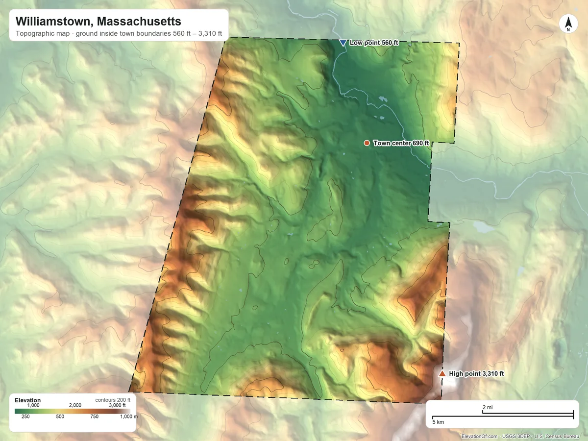 Topographic elevation map of Williamstown, Massachusetts, shaded from 560 ft on the north side to 3,310 ft on the south side