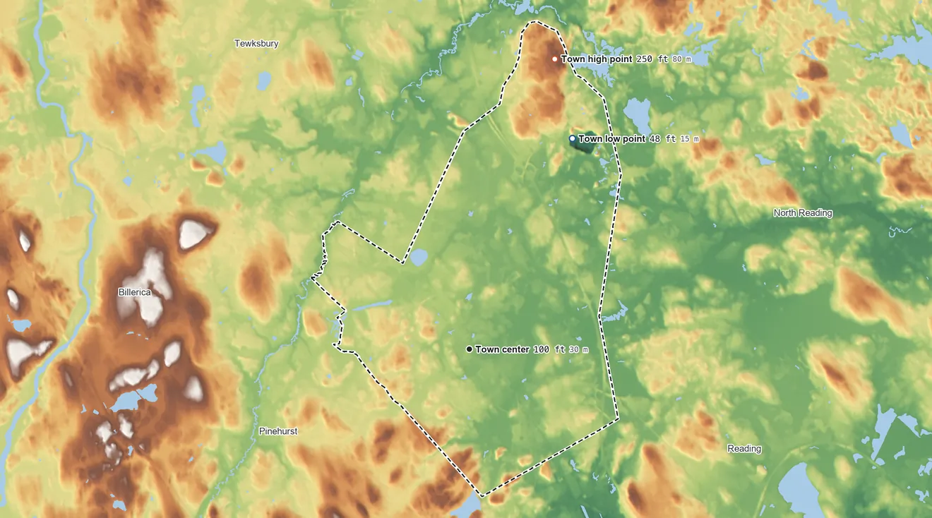 Topographic elevation map of Wilmington, Massachusetts, shaded from 48 ft on the northeast side to 250 ft on the north side