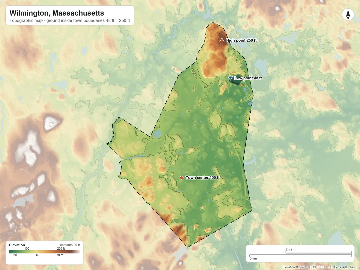 Topographic elevation map of Wilmington, Massachusetts, shaded from 48 ft on the northeast side to 250 ft on the north side