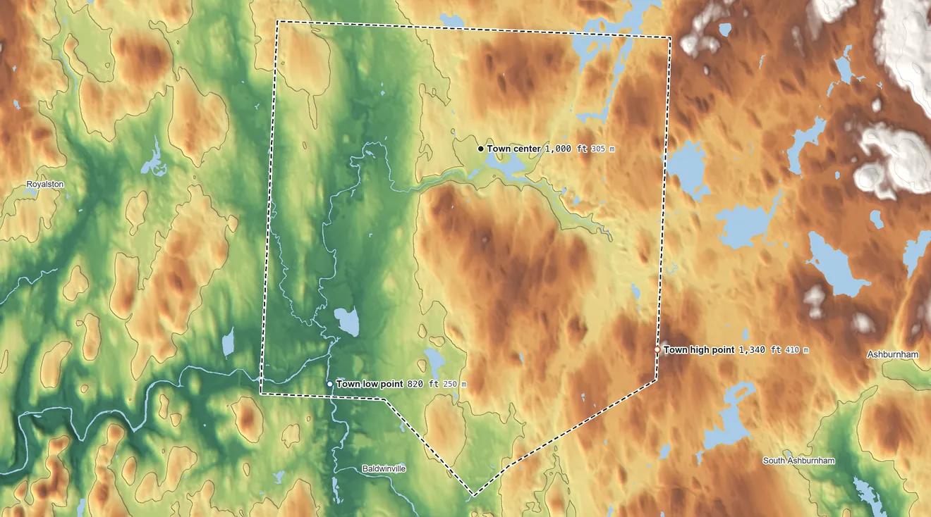 Topographic elevation map of Winchendon, Massachusetts, shaded from 820 ft on the southwest side to 1,340 ft on Town Line Hill