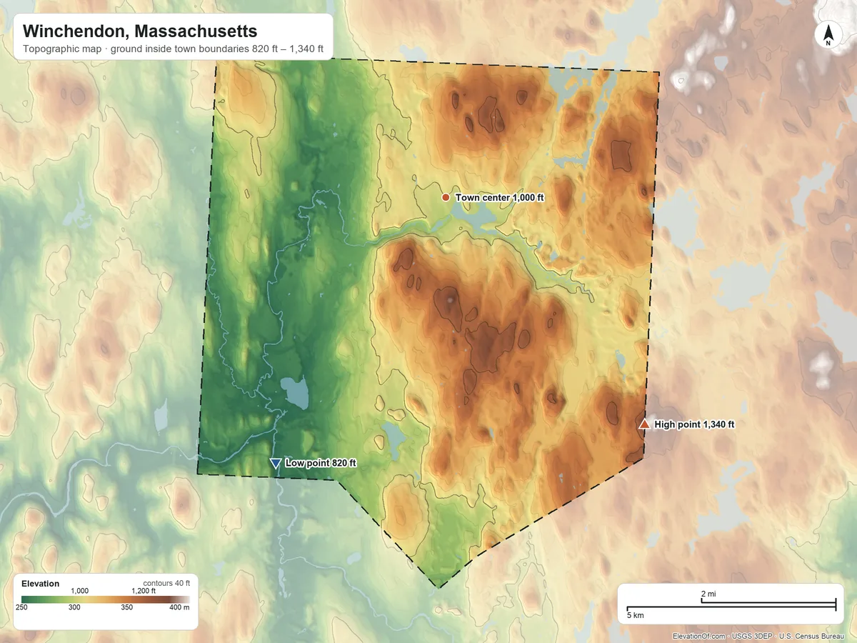 Topographic elevation map of Winchendon, Massachusetts, shaded from 820 ft on the southwest side to 1,340 ft on Town Line Hill