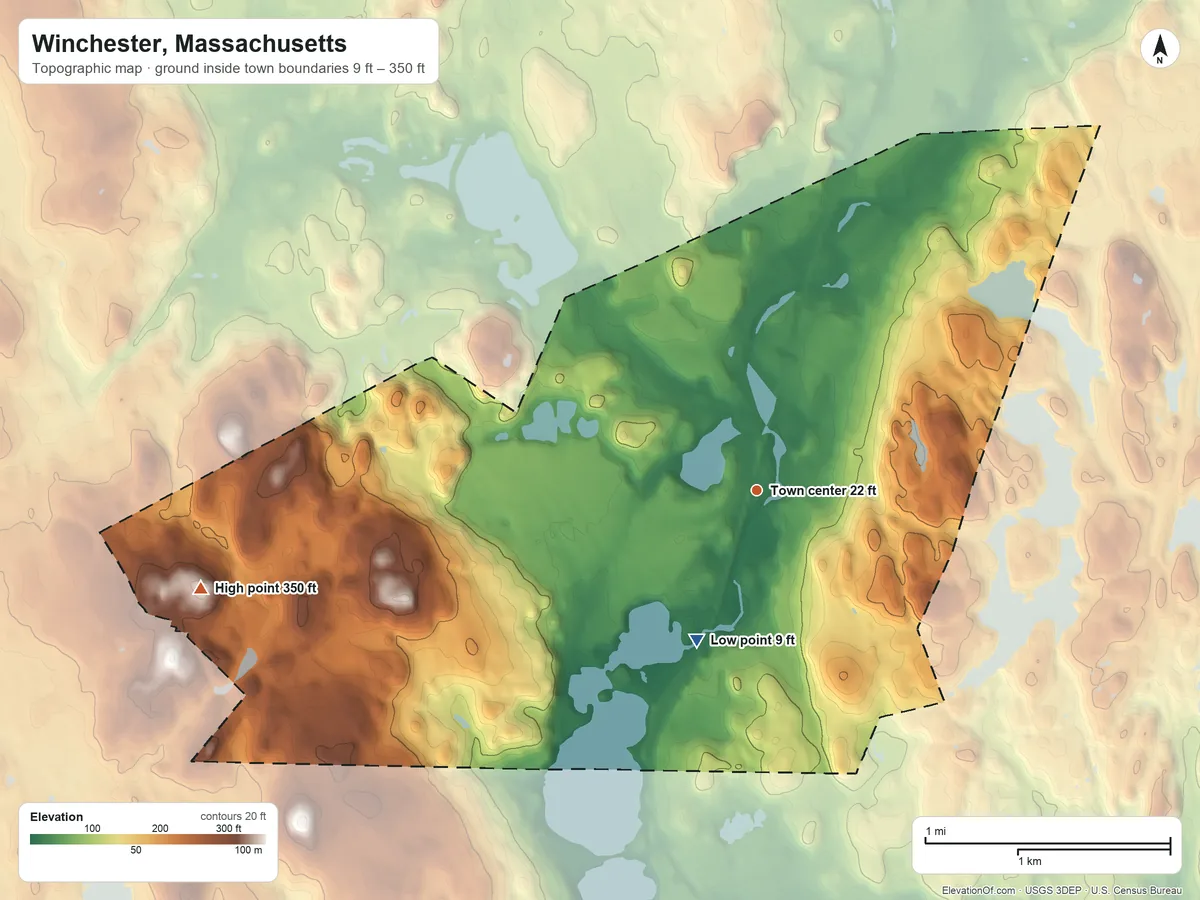 Topographic elevation map of Winchester, Massachusetts, shaded from 9 ft on the south side to 350 ft on the west side