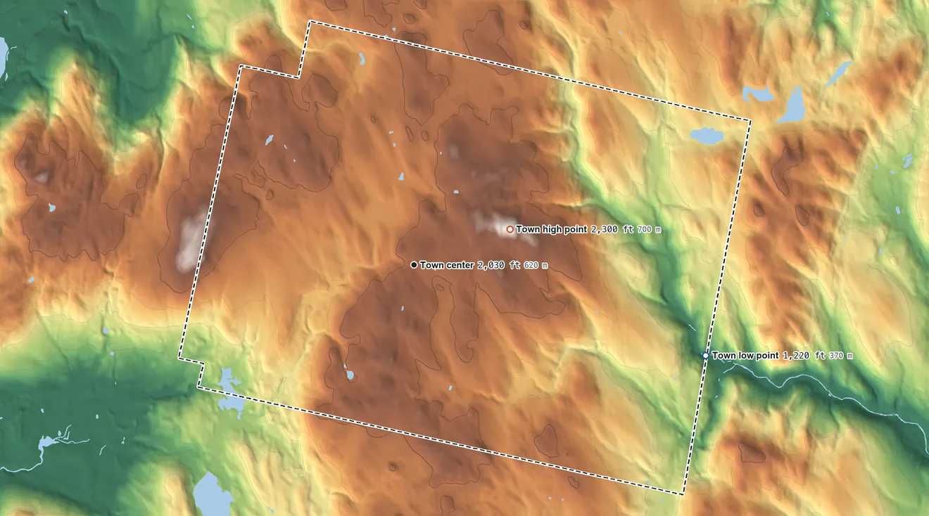 Topographic elevation map of Windsor, Massachusetts, shaded from 1,220 ft on the east side to 2,300 ft on Judges Hill